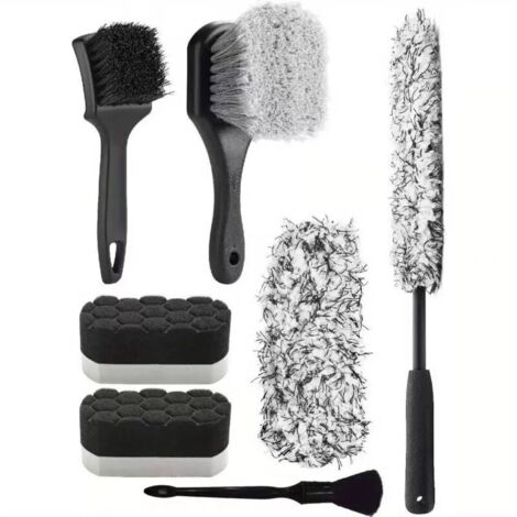 Kit de 7 brosses de nettoyage automobile : brosse en microfibre pour jantes, brosse pour pneus et jantes, brosse détaillée double-face, éponge de polissage (1/5)