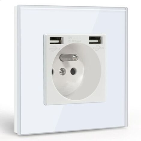 Prise murale avec 2 ports USB et 1 prise secteur 16 A, panneau en verre trempé blanc, chargeur rapide 2,1 A pour smartphones et tablettes – Prise multifonction sécurisée pour salle de bain, cuisine et (1/5)