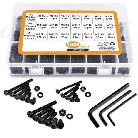 Visserie en acier au carbone – 1080 vis à tête cylindrique à six pans creux M2, M3, M4 + écrous assortis, finition noire, kit complet pour bricolage, mécanique et assemblage