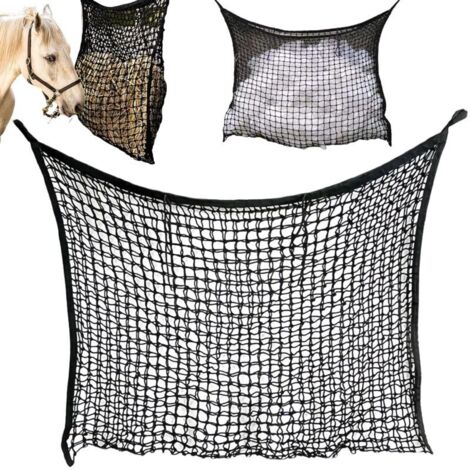 Filet à foin pour chevaux, 120 x 90 cm, filet anti-gaspillage avec mailles fines, sac à foin extra-large pour poneys, chèvres et autres animaux – noir (1/5)