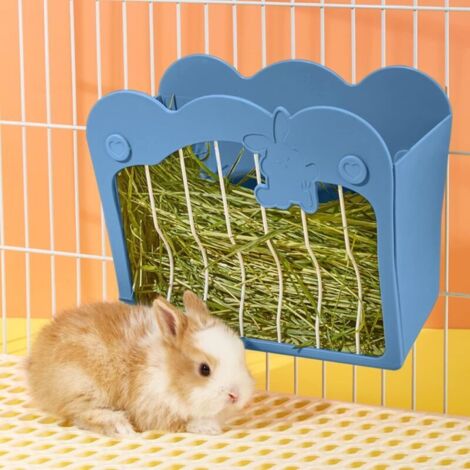 Mangeoire suspendue pour lapins, cobayes et rongeurs – Porte-foin réglable en plastique bleu, design sécurisé anti-éparpillement, adapté aux lapins nains et petits animaux (1/4)