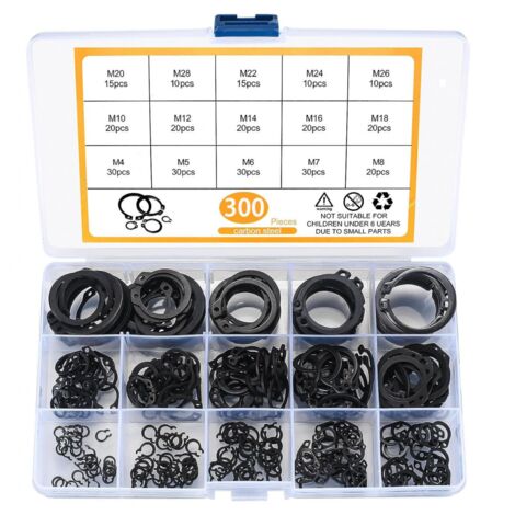 300 Pièces E-clips Kit Anneau de Retenue Externe, Assortiment Circlips Snap, Bagues d'arrêt Circlips, M4-M28 (1/4)
