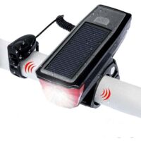 Bicycle Headlight, 4 Modes USB Rechargeable Solar Powered Bicycle Headlamp with Bell for Bike Safety Warning
