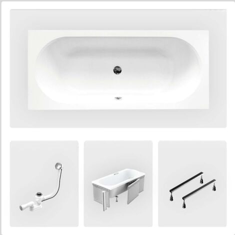Vasca da bagno rettangolare - 160 x 75 cm - con rivestimento (4 cm) - Piedini - Piletta cromata - VITAE SLIM