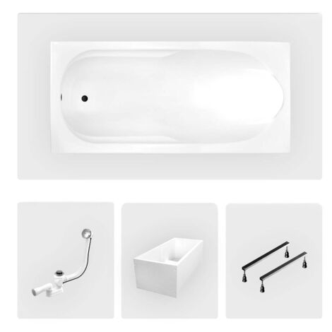 Vasca da bagno rettangolare - 140 x 70 cm - con rivestimento in polistirolo - piedini - piletta cromata - BONA