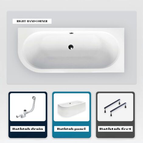 Vasca asimmetrica - 160 x 75 cm - Sinistra - con Pannello Bianco - Piedini - Scarico Cromato - AVITA
