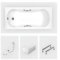 Vasca da bagno rettangolare - 170 x 70 cm - con grembiule bianco - piedini - maniglie - piletta cromata - ARIA PLUS