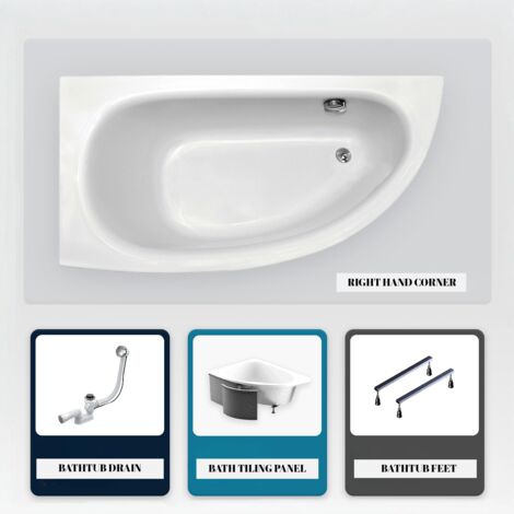 Bañera asimétrica - 150 x 70 cm - Izquierda - con Revestimiento - Patas - Asas - Reposacabezas - Desagüe Cromado - MILENA PREMIUM