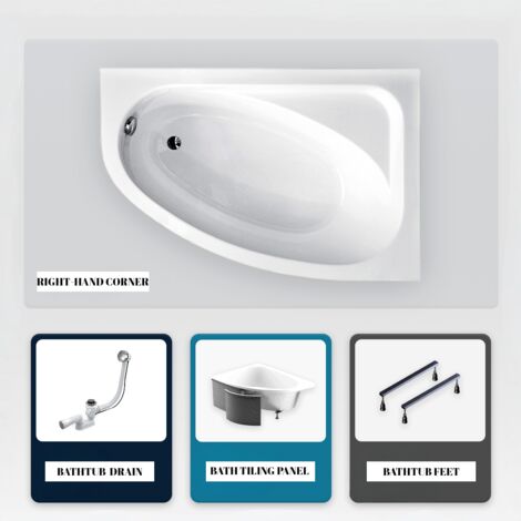 Bañera asimétrica - 140 x 80 cm - Derecha - con Revestimiento - Patas - Desagüe Cromado - CORNEA