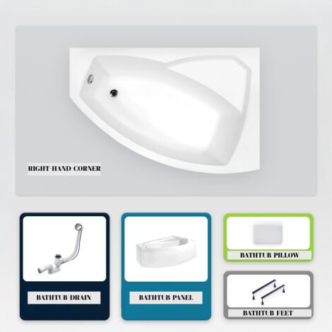 Asymmetrische Badewanne - 130 x 85 cm - Rechts - mit Verkleidung - mit Füßen - Kopfstütze - Ablaufgarnitur Chrom - RIMA