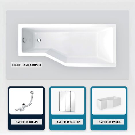 Asymmetrische Badewanne - 170 x 75 cm - Rechts - mit Verkleidung - mit Füßen - 3-teilige Duschabtrennung - Ablaufgarnitur Chrom - INTEGRA