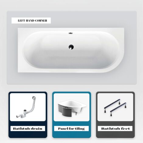 Asymmetrische Badewanne - 170 x 75 cm - Links - mit Verkleidung - mit Füßen - Ablaufgarnitur Chrom - AVITA