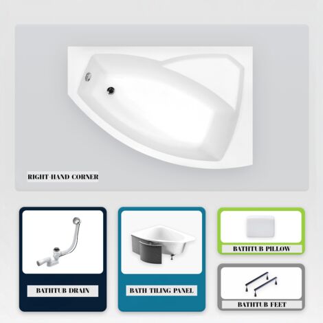 Asymmetrische Badewanne - 170 x 110 cm - Rechts - mit Verkleidung - mit Füßen - Kopfstütze - Ablaufgarnitur Chrom - RIMA