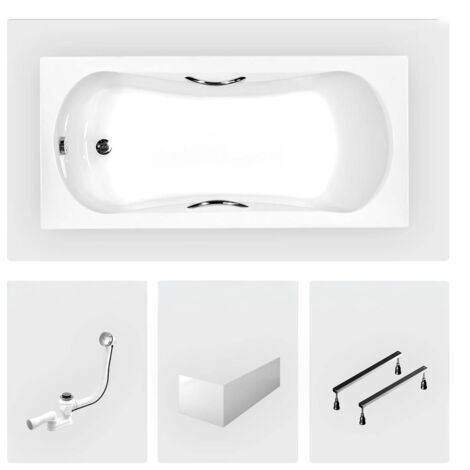 Rechteckige Badewanne - 160 x 70 cm - mit weißer Frontschürze - Füße - Griffe - Chromablauf - ARIA PLUS