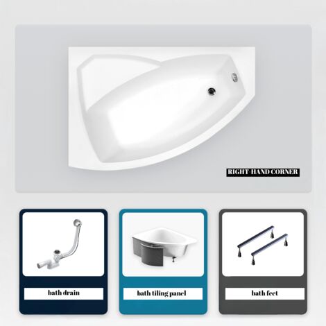 Asymmetrische Badewanne - 130 x 85 cm - Rechts - mit Verkleidung - mit Füßen - Ablaufgarnitur Chrom - RIMA