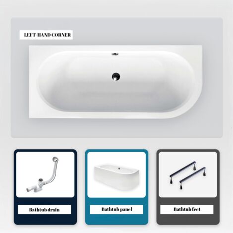 Asymmetrische Badewanne - 150 x 75 cm - Rechts - mit weißer Verkleidung - mit Füßen - Ablaufgarnitur Chrom - AVITA