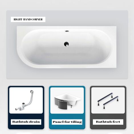 Asymmetrische Badewanne - 180 x 80 cm - Rechts - mit Verkleidung - mit Füßen - Ablaufgarnitur Chrom - AVITA