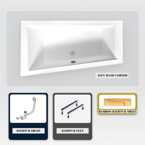 Asymmetrische Badewanne - 160 x 90 cm - Links - ohne Verkleidung - mit Füßen - Bambusablage - Ablaufgarnitur Chrom - INTIMA