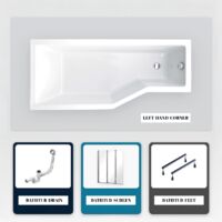 Asymmetrische Badewanne - 150 x 75 cm - Links - ohne Verkleidung - mit Füßen - 3-teilige Duschabtrennung - Ablaufgarnitur Chrom - INTEGRA