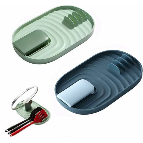 royaluxe - Couvercle de Casserole et Porte-Cuillère 2 Pièces, Étagère à Ustensiles de Cuisine, Étagère à Plateau à Cuillères, Plateau à Couverts pour Éviter les Taches de Gouttes (Bleu et Vert) (1/5)