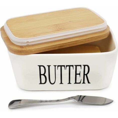 royaluxe - Beurrier - Beurrier en porcelaine avec couvercle en bois et petit couteau Boîte à fromage à conserver au réfrigérateur de la cuisine 250 g couleur blanc (1/5)
