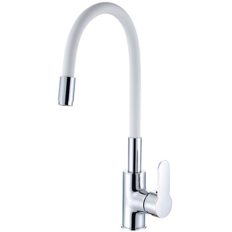 Robinet de Cuisine Flexible Bec Haut Orientable Librement Mitigeur Évier Flexible Laiton Chromé et Blanc Robinet Evier Monotrou à Eau Chaude et Froide,Robinet de Cuisine avec Bec Flexible, Mitigeur d' (1/4)