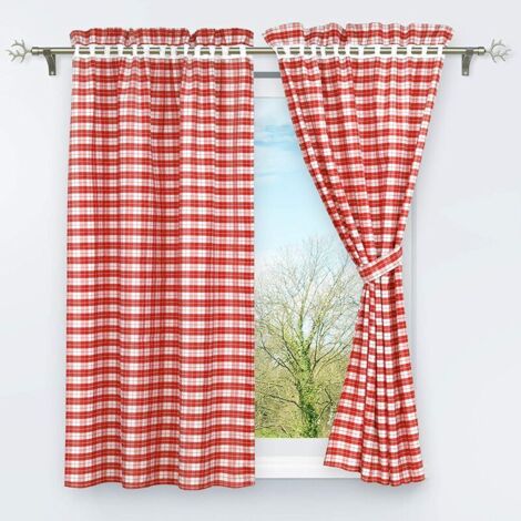 royaluxe - Lot de 2 rideaux occultants perforés avec 2 décorations de fenêtre à carreaux pour intérieur chambre à coucher rouge H/W 120/80 cm