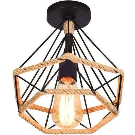 royaluxe - Lampe de Plafond rétro Vintage Plafonnier Industrielle Cage en forme Diamant en Métal avec corde de chanvre Fer Lustre Suspension Luminaire pour Salon Salle Chambre Décorer Maison (1/5)