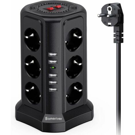 royaluxe - Multiprise tour, multiprise avec 12 prises et 5 ports USB (2500 W/10 A), multiprise de protection contre la foudre avec câble de 5 m et 2 interrupteurs, protection contre les surcharges
