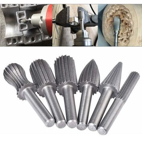 royaluxe - Fraises rotatives en tungstène double coupe 6 mm Queue en tungstène Embouts de limage/gravure/meulage pour outils rotatifs 6Pcs Argent (1/5)