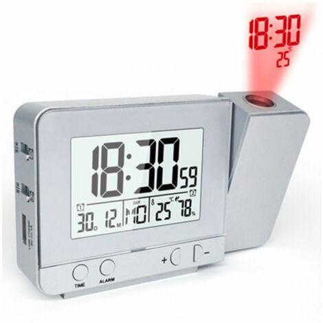 royaluxe - Horloge de projection en argent neutre réveil noir avec projection de température de temps réveil à écran LED (1/5)