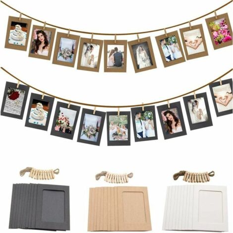 royaluxe -Cadre photo Cadres photo en papier kraft, avec 30 cadres photo, 30 pinces, 6 clous et 3 cordes de chanvre, pour décoration d'intérieur, décoration murale, cadeaux de pendaison de crémaillère (1/3)