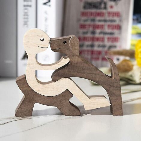royaluxe -Fait à la main en bois Homme et chien Sculpture décorative Artisanat Figurine créative Décoration de la maison Cadeau-COLOR:D-COLOR:D (1/3)