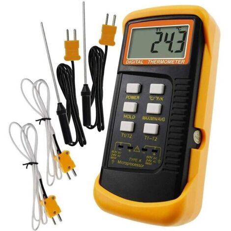 Produktbild von Mengshen K-Typ Digitalthermometer – 2 Kanäle, 4 Sonden, –50 Bis 1370 °C, °C/°F/K – Mit Silikonhülle, Für Grill, Labor, Metall