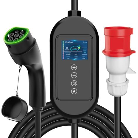 Caricabatterie mobile Tipo 2, 11 kW, 7,5 metri, cavo di ricarica portatile con spina CEE trifase, corrente regolabile 8-16 A, impermeabile IP66, standard IEC 62196-2