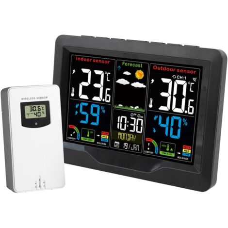 Reloj meteorológico con pantalla a color y sensor, termómetro e higrómetro de interior, alarma recargable por USB (1/5)