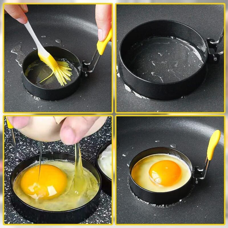 Lot De 4 Anneaux à œufs Antiadhésifs Bolatus Avec Poignée En Silicone Et Brosse De Qualite Alimentaire Moule Rond En Metal Pour Cuire Des Oeufs