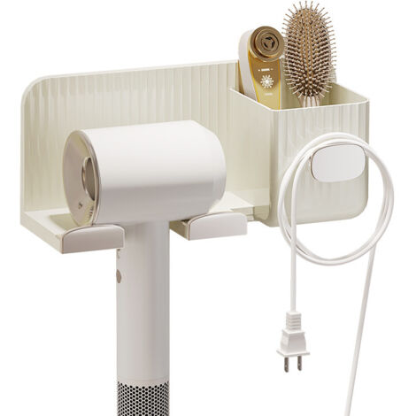 Support mural autocollant pour sèche-cheveux avec crochets pour câbles et boîtes de rangement. Support multifonction pour accessoires de salle de bain. (1/4)