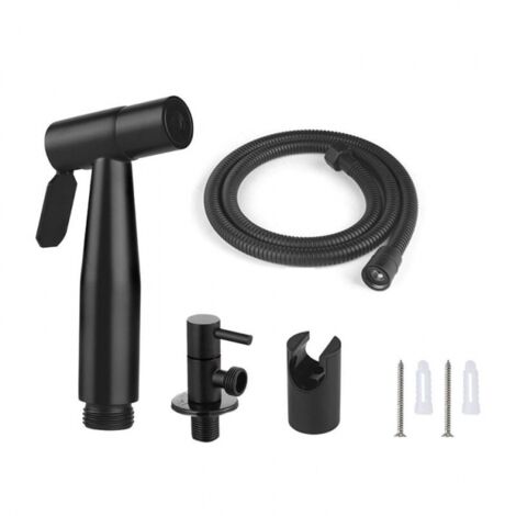 Ensemble de lance de toilette en acier inoxydable 304, buse de surpression anti-perforation, pulvérisateur de bidet portable avec tuyau et valve, noir (1/4)