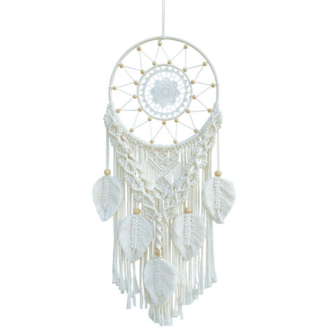 Attrape-rêves en macramé pour chambre à coucher, décoration murale bohème, décoration en feuilles tissées, tapisserie en corde de coton tissée à la main avec pendentif en dentelle, décoration bohème (1/4)