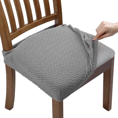 (Gris clair) Housse de chaise de salle à manger extensible jacquard 6 pièces, amovible et lavable (avec sangles) (1/4)