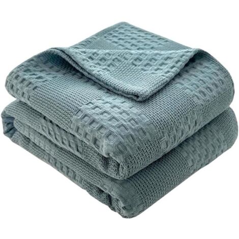 Couvre-lit gaufré coton - Plaid moelleux - Couverture d'été douce - Aspect gaufré - Coton respirant - Peut être utilisé comme lit et canapé - Bleu lac 200 x 230 cm (1/4)