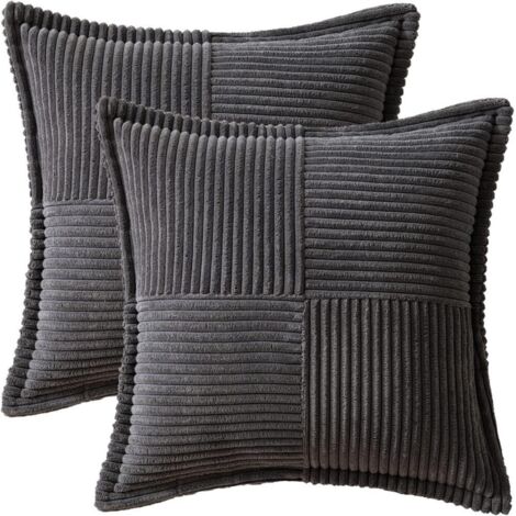 Housses de coussin décoratives pour canapé-lit, salon, 45 x 45 cm, lot de 2, taies d'oreiller gris en velours côtelé doux à rayures style bohème (1/5)