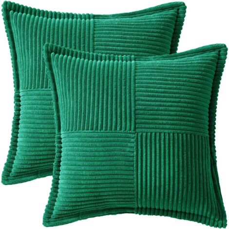 Housses de coussin décoratives pour canapé-lit, salon, 35 x 35 cm, lot de 2, coussins décoratifs vert style bohème, taies d'oreiller en velours côtelé doux à rayures latérales (1/5)