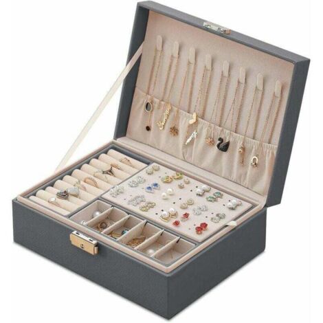 Boîte à Bijoux en Cuir Verrouillable pour Femme - Coffret de Voyage à 2 Couches - Organisateur de Bijoux - Petit Boîtier de Rangement pour Bijoux (Gris) (1/4)