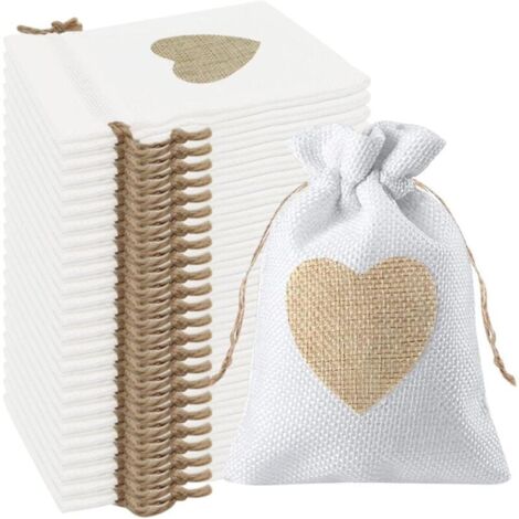 24Pcs Motif de Coeur Sachets en Toile de Jute Pochettes 10x14CM, pour Dragees Mariage pour Bonbons Adeaux Cadeau Baptême Anniversaire Noël Petit (Blanche) (1/4)