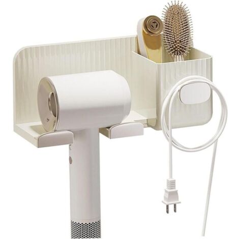 Support de sèche-cheveux support mural auto-adhésif pour outils de cheveux avec crochet de câble et boîtes de rangement support de sèche-cheveux multifonction pour accessoires de salle de bain(Blanc) (1/5)