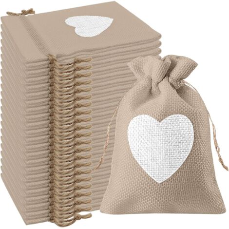 24Pcs Motif de Coeur Sachets en Toile de Jute Pochettes 10x14CM, pour Dragees Mariage pour Bonbons Adeaux Cadeau Baptême Anniversaire Noël Petit (Beige gris) (1/5)