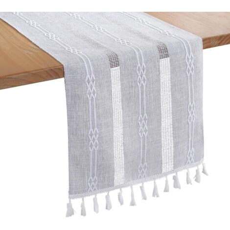 Broderie Lin Chemin de Table Intérieur Extérieur Ferme Style Café Chemin de Table 183cm avec Glands à la Main pour Pique- Mariage 33x183CM-Gris (1/4)