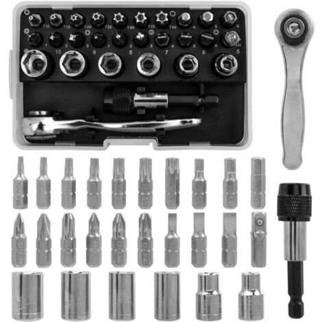Kit de 28 Mini Clé à Cliquet Douilles Embouts de Tournevis et Porte-Embout, Clé à Cliquet 1/4" Réversible 72 Dents à Dégagement Rapide avec Douilles Hex Mini Tournevis à Cliquet pour Réparatio (1/4)